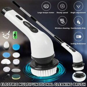 9-in-1 Electric Cleaning Scrubber with multiple cleaning brush attachments for household cleaning.